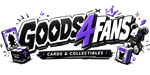A stylized logo reading 'GOODS4FANS' with 'CARDS & COLLECTIBLES' underneath, featuring purple and black graphic elements, stars, a crown, and illustrated card/box motifs on a black background.
