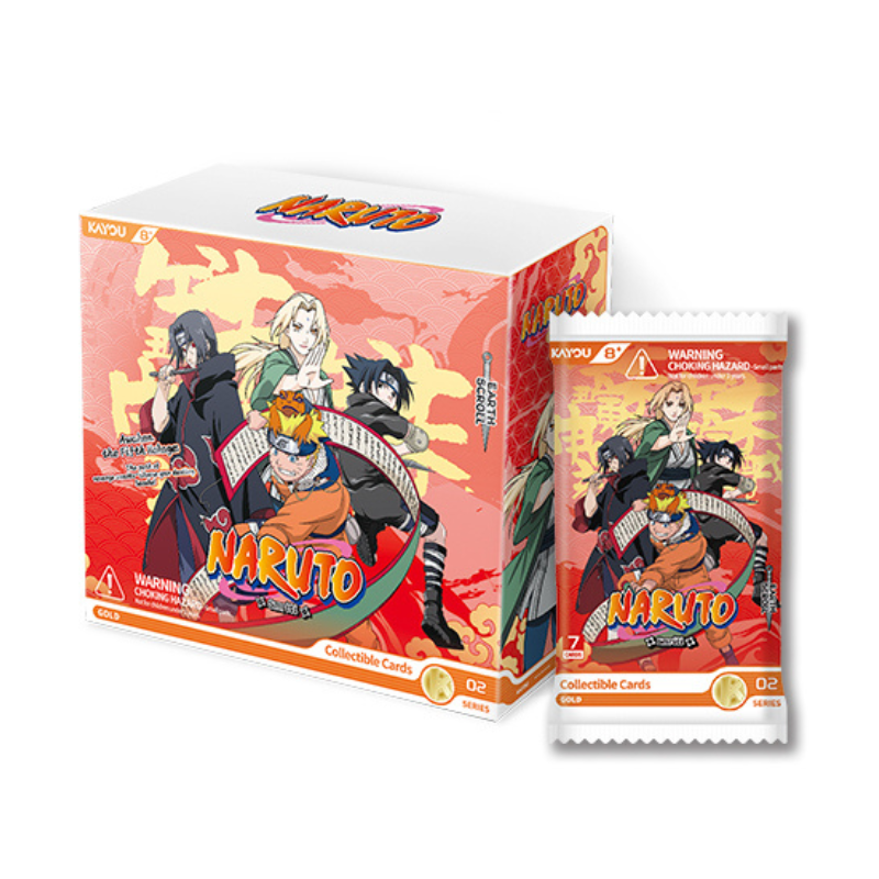 A box and individual packet of KAPAU Naruto Collectible Cards, featuring anime characters on a red and orange background, set against a plain white background.