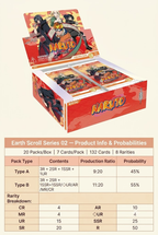 Naruto Earth Scroll Series 02 card pack display box with an open lid showing stacked card packs, plus a product information table below on a beige background.