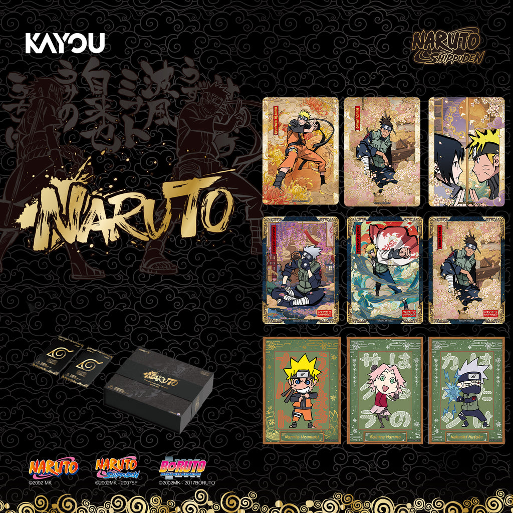 Naruto Trading Card Game starter box set by KAYOU, featuring a black box and three cards displayed on a dark patterned background with Naruto anime artwork and branding.