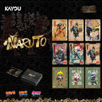 Naruto Trading Card Game starter box set by KAYOU, featuring a black box and three cards displayed on a dark patterned background with Naruto anime artwork and branding.