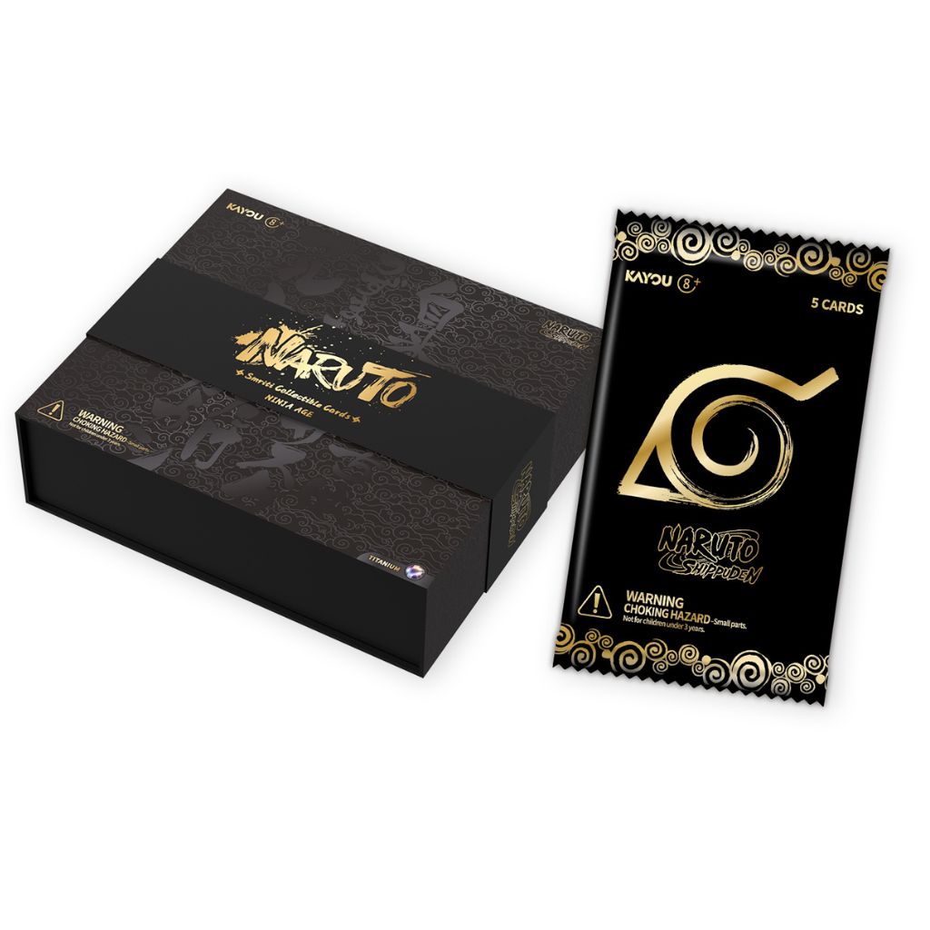 Naruto trading card product packaging on a white background, showing a black box with gold Naruto branding and a matching sealed card pack with the Naruto Company logo and '5 Cards' text.