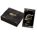 Naruto trading card product packaging on a white background, showing a black box with gold Naruto branding and a matching sealed card pack with the Naruto Company logo and '5 Cards' text.