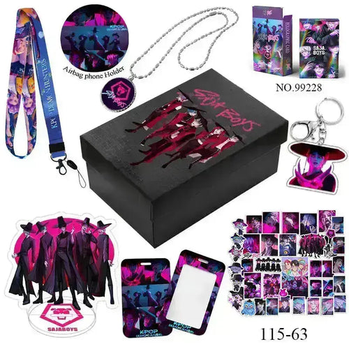 K-Pop Slayers 8Pcs Fan Merch Gift Box | Saja Boys & Blue Cat Acrylic Keychain Standee Photocard DIY Stationery Collection Gift Box For Fans